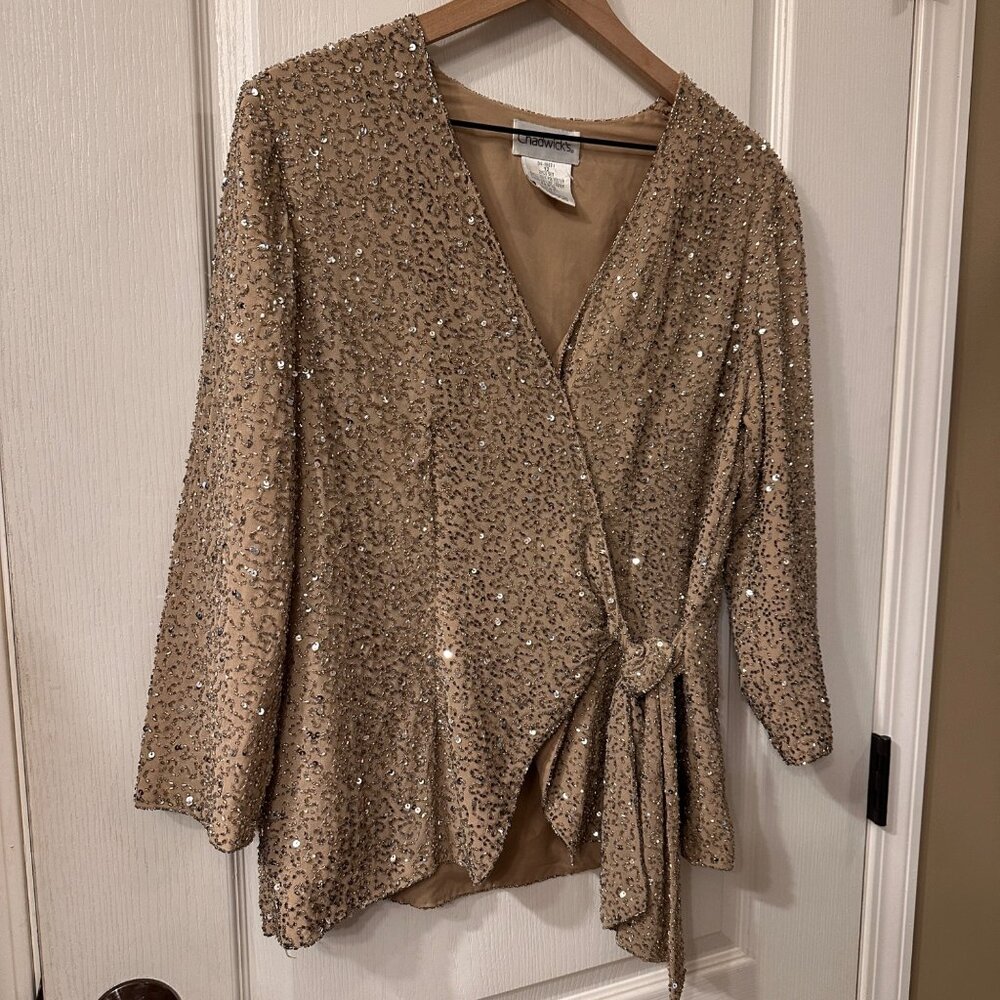 Chadwicks | Sz 12 All Over Sequin Beaded Champagne Wrap Jacket Shell Evening - Picture 9 of 10